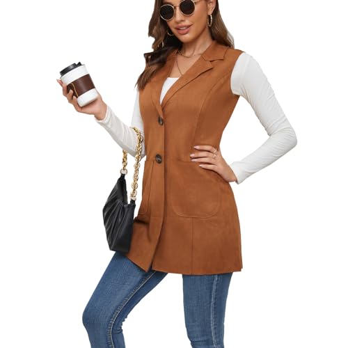 Women's Long Sleeveless Suede Vest Casual Lapel Open Front Duster Vest