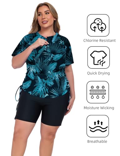 Inno Women's 2 Pcs Plus Size Rash Guard Set with Built-in Bra Zip Swim Top UPF 50+ Adjustable Ruched Side Swimsuit4