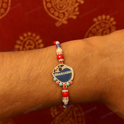 Image of King Kalai Rakhi for Brother with Coaster, Kumkum & Chawal | Traditional Beaded Thread Rakhi with Royal Kalai Thread | Raksha Bandhan Gift Hamper