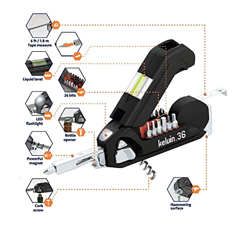 Kelvin Tools K-36 Multi-Tool Set, 36 Integrated Tools, 26 Bit Screwdriver Set, Tape Measure, Corkscrew (Crimson) #TOP2