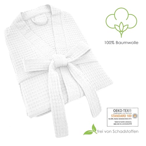 heimtexland ® Bademantel Waffelpique Reisebademantel Saunamantel 100% Baumwolle Oekotex leicht schnelltrocknend hautfreundlich für Damen und Herren Typ881 Weiß L