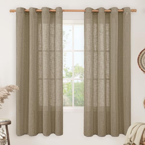 Image of LAMIT 68 Inch Length Sheer Linen Curtains for Bedroom 2 Panels, Light Filtering Window Panels Bronze Grommet Neutral Drapes for Living Room /Dining Room, Taupe, 52 x 68 Inch