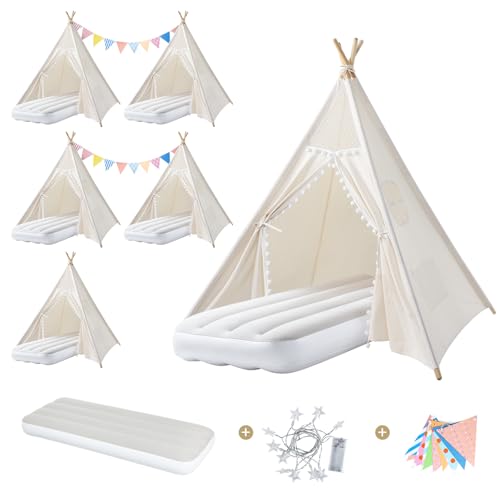 Image of Sumbababy 6 Pack Kids Teepee Tent for Girls Party, Boho Sleepover Tents with Inflatable Airbeds, Indoor Slumber Party Tent, Washable & Foldable Toddler Slumber Party Tents