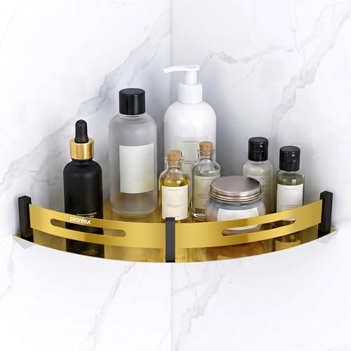 Image of Plantex Bathroom Corner Rack for Wall /Stainless Steel Shelf for Bathroom Corner with Railings /Bathroom Accessories Holder (12x12 inches, PVD Gold & Black)