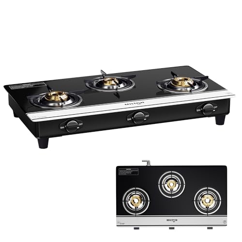 Image of Milton Ignis Pro 3 Burners Auto Ignition Gas Stove | ISI Certified | 6mm Toughened Glass Top | 360 Degree Nozzle | Heavy Pan Support | Pure Brass Burners | 1 Year Manufacturer's Warranty-Black & White