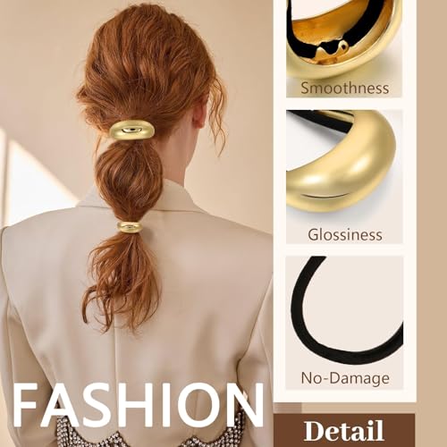 2PCS Gold Hair Ties for Women - Metal Hair Accessories for Thick Hair, Elegant and Durable Geometric Design, Ponytail Cuffs Stretchy Non-Damage