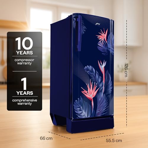 Godrej 183 L 3 Star | Toughened Glass Shelves | 24 Day Farm Freshness | Jumbo Vegetable Tray | Turbo Cooling Technology | Direct Cool Single Door Refrigerator (RD R190C THF FR BL, Floral Blue) - Image 4