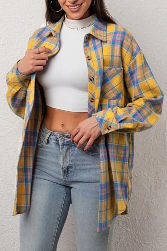 Image of CHYRII Womens Button Down Flannel Shirts Long Sleeve Plaid Shackets Business Casual Blouse Top