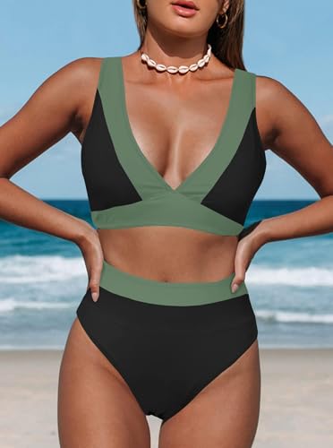Image of Hilinker Women's Leopard Bikini Swimsuits V Neck High Waisted 2 Piece Bathing Suits