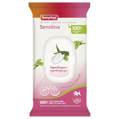 BEAPHAR – Lingettes Sensitive 100% végétales pour Chien et Chat – 98% Ingrédient naturels– Hypoallergéniques– À l'Aloe Vera et à la Pro-Vitamine...