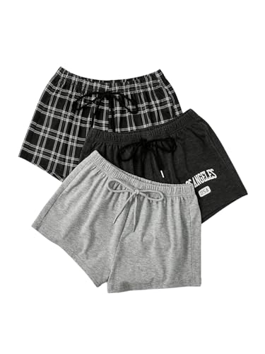 WDIRARA Women's 3 Pack Plaid Letter Graphic Pajama Shorts Elastic Waist Pj Lounge Shorts Multicolor...