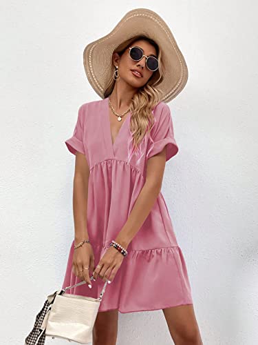 Image of WDIRARA Women's Roll Up Short Sleeve V Neck Ruffle Hem Solid Swing Smock Dress