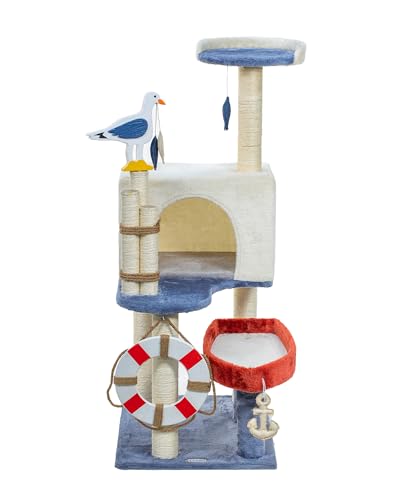 HYABi 46.8in Sea Boat Buoy Novelty Seagull Cat Tree Tower Condo Furniture Apartment Plush Habitat Kitten Amusement Platform with Scratch Posts Toy Fish Pet House Play for Indoor Cats
