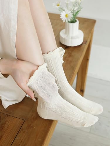Yawlsow 3 Pairs Women Ruffle Frilly Socks, Cute Lettuce Edge Ankle With Lace Bow, Cotton Breathable Crew, Soft Knit Lolita Princess for Girls3