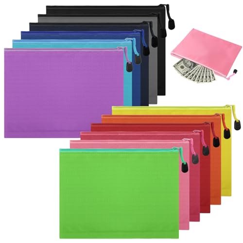 12 Stück Geldtasche Mehrfarbig Geldtaschen Banktasche 24 x 18 cm A5 Geldmappe Wasserdichte Oxford-Stoff Bankmappe Dokumententasche mit Reißverschluss für Haushalt Business Schule (Mehrfarbig A5)