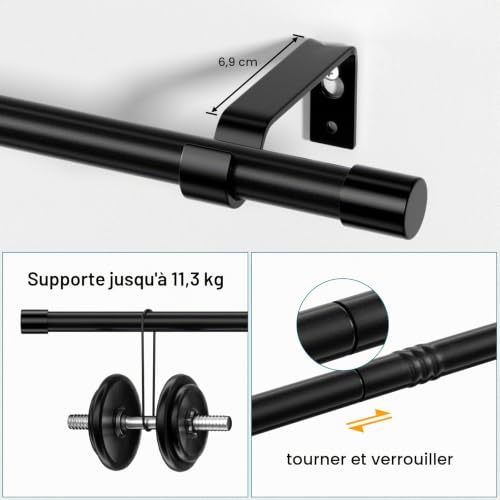 tringle rideau de 3m avec embouts simples, 68 à 300 cm Tringles à rideaux Noir pour fenêtres avec supports, tringle a rideau ajustable de 16 mm de diamètre pour chambre, salon, cuisine – vue 3