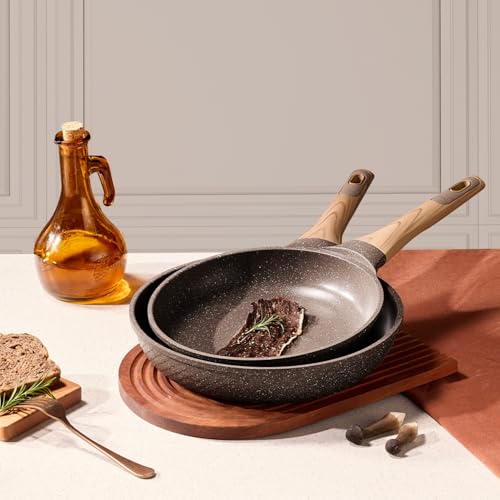 CAROTE Nonstick Frying Pan Skillet,Non Stick Granite Fry Pan Egg Pan Omelet Pans, Stone Cookware Chef's Pan, PFOA Free,Induction Compatible, Brown, 9.5"+11"