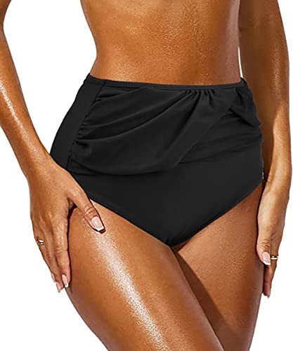 Braga de Bikini para Mujer Braguita de Bikini Cintura Alta Ruched Elástica Parte de Abajo Bikini Interior Pantalones de Playa de Gran(Negro,XL)