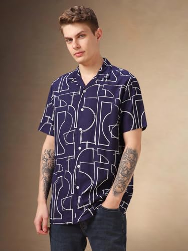 Image of Dennis Lingo Men Blue Printed Viscose Relaxed Fit Half Sleeve Shirts