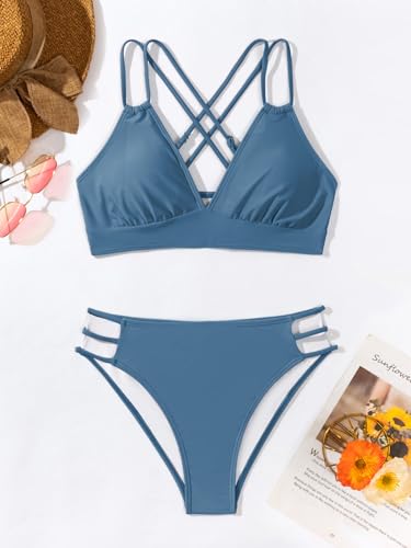 Image of Fanuerg Women's Sexy V Neck Bikini Sets Hollow Out Two Piece Swimsuits Cutout Mid Waist Bathing Suit
