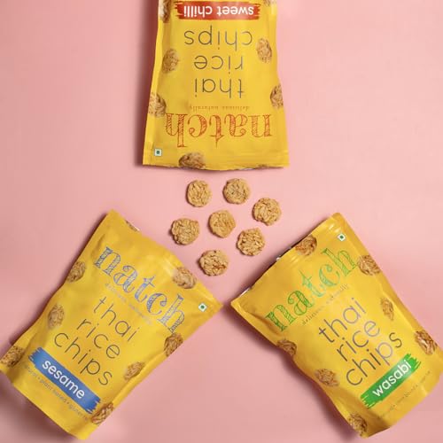 Image of Natch Thai Rice Chips Variety Pack, Healthy Snakcs 100% All Natural, Vegan, Gluten Free, Preservatives Free, Low Calorie, Sesame, Wasabi & Sweet Chilli Flavour, 100g each (Pack of 3)