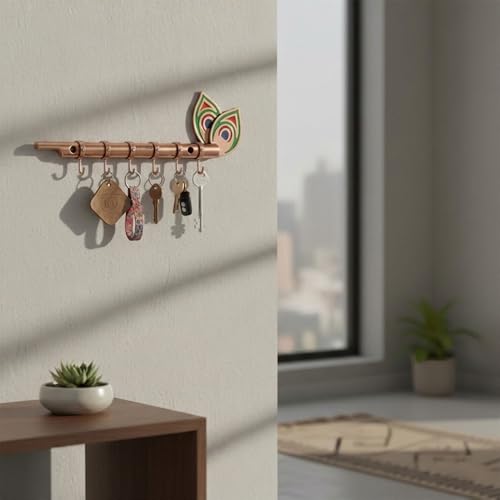 Image of Big Brass Antique Krishna Flute for Key Holder /Key Stand /Keys Hanger Hook /Key Holders for Wall Stylish /Keys Rack Hook /Key Hanging Hooks - Home Decor, Wall Mount - 6 Hooks (Rose Gold)