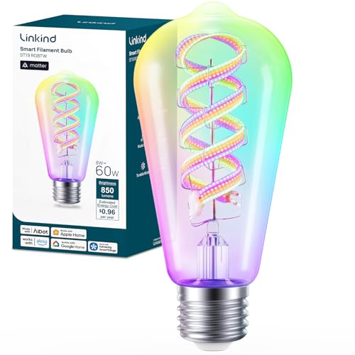 Image of Linkind Matter Smart Edison Light Bulbs, ST19 (58) Vintage Bulbs, 1 Pack | RGB Color Changing, Work with Alexa /Apple Home /Google, 2700K-6500K Warm White to Daylight, E26 LED Filament, 2.4G WiFi, 850LM