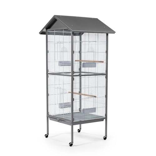 Image of Prevue Pet Products Aviary Large Flight Cage - Powder‑Coated Standing Metal Bird Cage with Wheels, Perches, Feeders & Removable Tray, Ideal for Parakeets, Cockatiels, Canaries & Small Birds - Grey