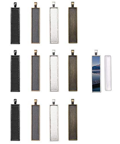 Sowaka 12 Pcs Pendant Tray with 12 Pcs Glass for Jewelry Making Cabochons Rectangle Bezel Silver Black Resin Trays Dome Tiles for Crafting DIY Gift Making Photo