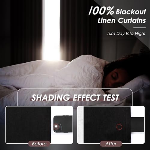 Image of Black 100% Blackout Linen Curtains for Bedroom 102 Inches Long Back Tab Thermal Insulated Vintage Farmhouse Decor Modern Black Out Curtain for Living Room Dining Room Drapes 52x102, 2 Panels