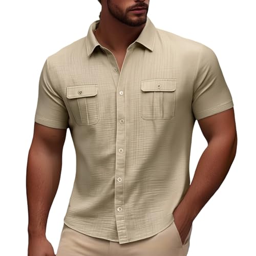 Generisch Camisa de lino para hombre, transpirable, cómoda, camisa de manga corta, con botones, camisa de trabajo, monocolor, sin arrugas, básica, informal, con bolsillo doble, cuello alto, ligera