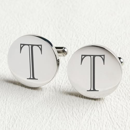 Mens Classic Initial Cuff links A-Z Alphabet 26 Letters Stainless Steel Silver CuffLinks with Engraved Walnut Wood Gift Box Business Wedding Set3