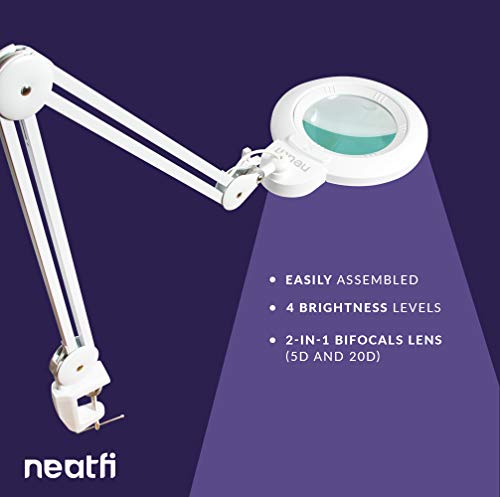 Neatfi XL Bifocals 1,600 Lumens Super LED Magnifier Lamp with Clamp, Large 7 Inches Acrylic Lens, 5 Diopter with 20 Diopter, Hands Free, Dimmable,16W, 84 PCS SMD LED, Adjustable Arm (White)