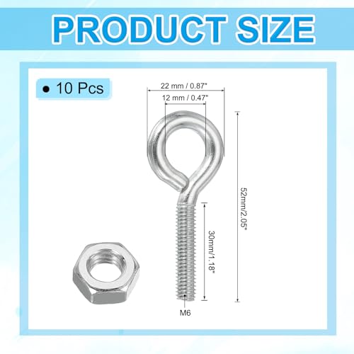 Image of PATIKIL M6x30mm Eye Bolts, 10 Pcs Carbon Steel Threaded Eyebolt Eye Hooks Screws with Nut for Hanging or Securing Cables Silver