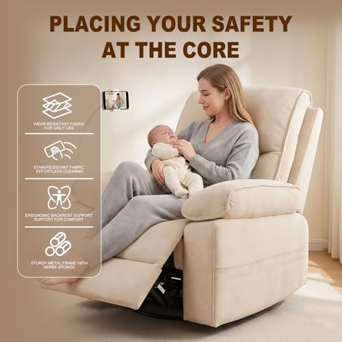 Image of 360 Swivel Glider Rocking Chair Nursery， Oversized Recliner with Phone Holder，Nursing Chairs for Breastfeeding with Wide Foot Rest for Living Room and Baby Room,Linen