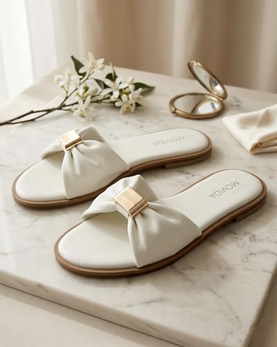 Image of MOVIDA Lumi Ruched Bow-Strap Flat Slide Sandal, White, for Casual Beach and Resort Wear, with Cushioned Footbed and Light Gold Square Buckle