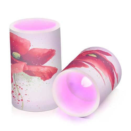 Image of Red Poppies Flickering Flameless Candles LED Battery Operated with Remote Timer Pillar Candles for Home Birthday Wedding Christmas Decor, Set of 2