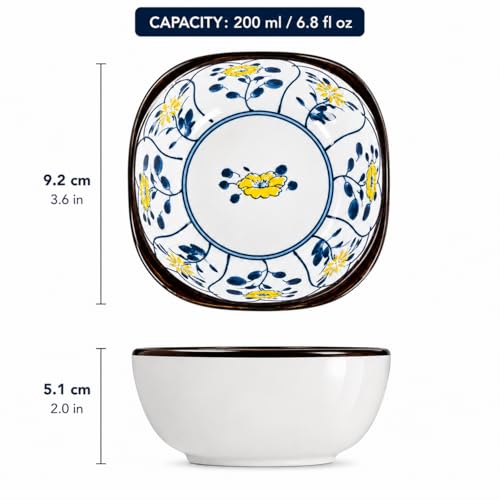 Image of YELONA Japanese Gifting Ceramic Bowl Set of 4 | 200ml Blue Floral Porcelain Elegant Serving Bowl for Rice, Soup, Snacks & Dessert | Ceramic Dinner Set for Gifting - (Kyoto Vine)