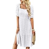 Vestido midi de manga abombada, cuello cuadrado, vestidos casuales para mujer, vestido de verano de manga corta, vestido casual de cintura blanco, S