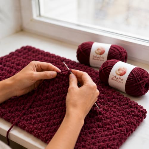 Image of Chenille Yarn for Crocheting, Size 5 Bulky,Burgundy