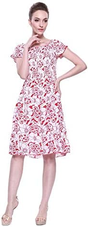 Women's Hawaiian Elastic Top Short Sleeve Dress in White with Red Floral