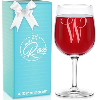 On The Rox Drinks A-Z Monogrammed Wine Gifts For Women - 12-75 oz Engraved Personalized Wine Glass- Funny Wine Lover Monogram Gifts For Women - Unique Wine Glasses Gift Set for a Woman