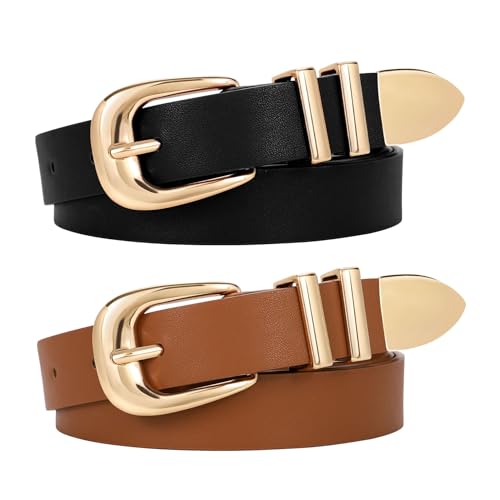 WERFORU 2 Pack Women Leather Belt Fashion Leather Waist Belt for Pants Jean Ladies Western Belt with Gold/Silver Buckle,Fit Waist Size 37-41 Inches,A-black+brown