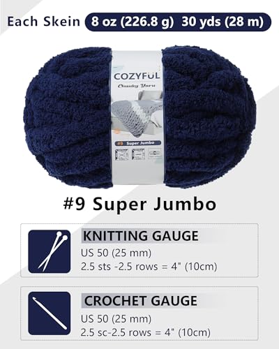 Image of Cozyful Chunky Yarn for Hand Knitting, #9 Thick Jumbo Big Chunky Yarn for Crocheting, Super Chunky Knit Blanket Yarns, Large Chunky Chenille Yarns, 8 Pack (30 yds 8 oz Each Skein), Navy Blue
