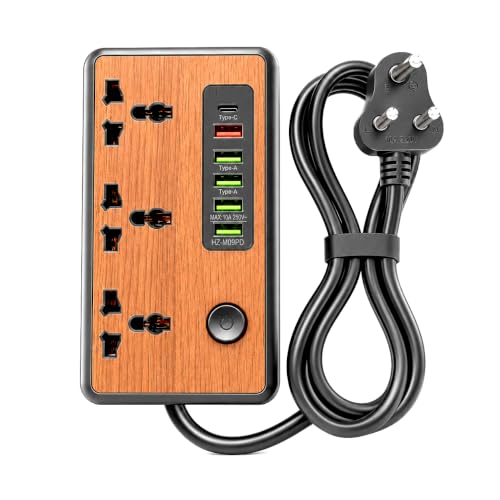 Image of MD Proelectra Premium Wooden Finish Extension Board with 3 Universal Sockets, 5 USB Ports, 1 Type-C, 2500W Power Strip with LED Display and Master Switch, Multi Plug Board for Home & Office