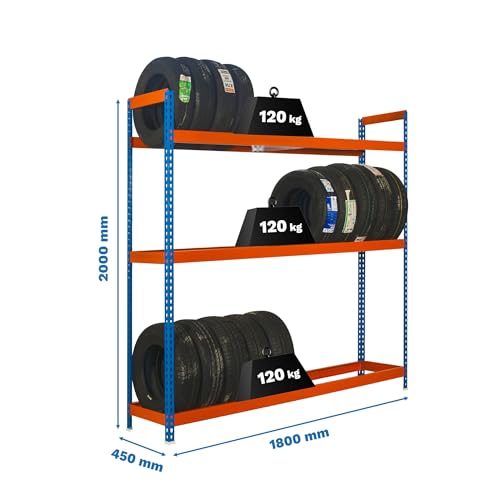 Simon Rack Simonauto Reifenregal, 3 Ebenen, hohe Tragkraft 120 kg, 2000 x 1800 x 450 mm, Regal für 18 Reifen, Blau/Orange