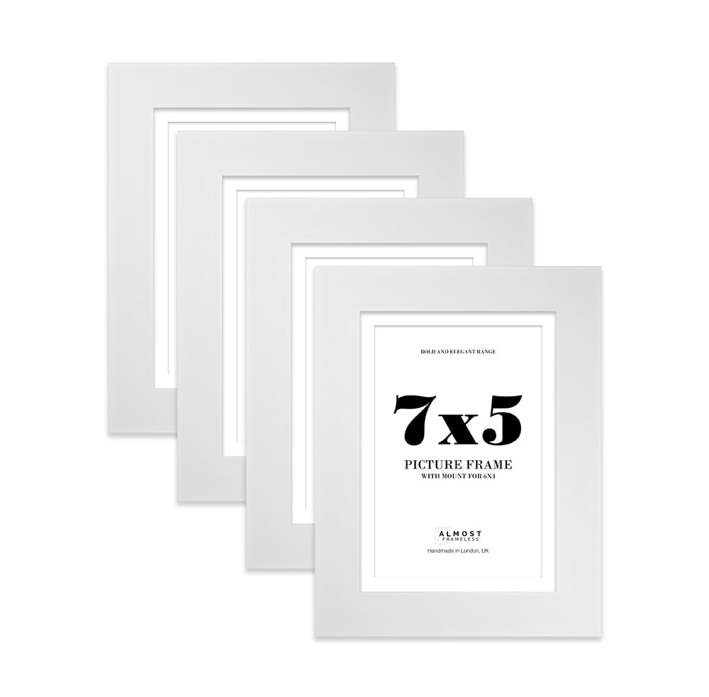 7x5" White Frame With Mount for 6x4" Pictures 28mm Edge Portrait and Landscape Display with Wall Hooks and Kickstand, 4 Pack — image 1