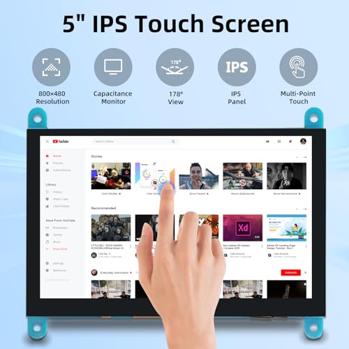 Image of 5'' Raspberry Pi Monitor, Capacitive Touchscreen Monitor 800x480 HDMI IPS Screen for Raspberry Pi 5 4 3 2 Zero BB, Driver-Free