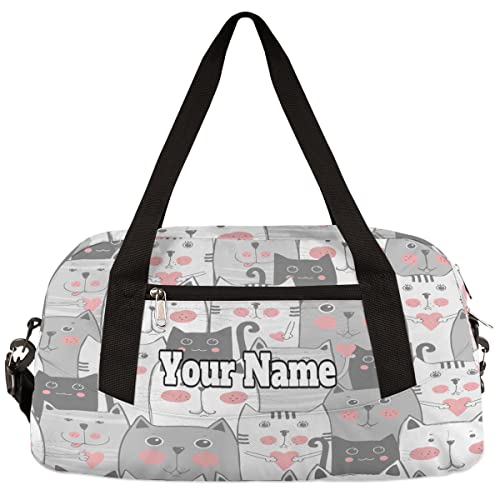 Custom Your Name Lovely Grey Cats Heart Personalized Text Gym Duffle Bag for Kids,Sports Bag for Teens Boys & Girls Small Waterproof Overnight Weekender Carry Practice Travel Bag
