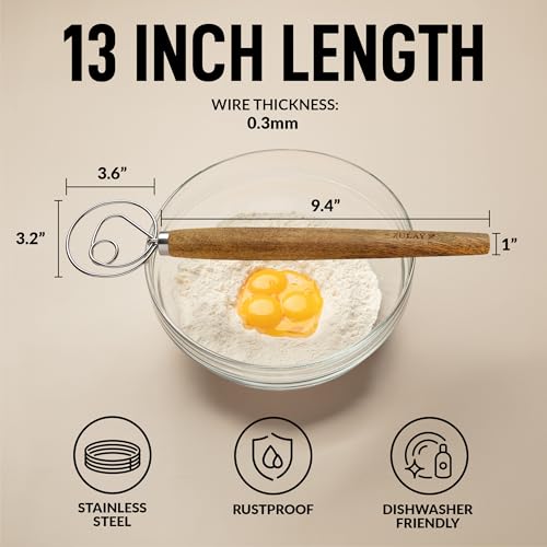 Zulay Kitchen Durable 13-Inch Danish Dough Whisk - Stainless Steel Danish Dough Hook, Acacia Wood 2 Pack